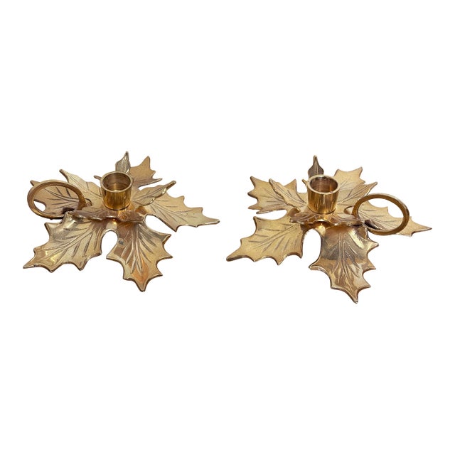 Vintage Brass Poinsettia Candle Holder Pair For Sale