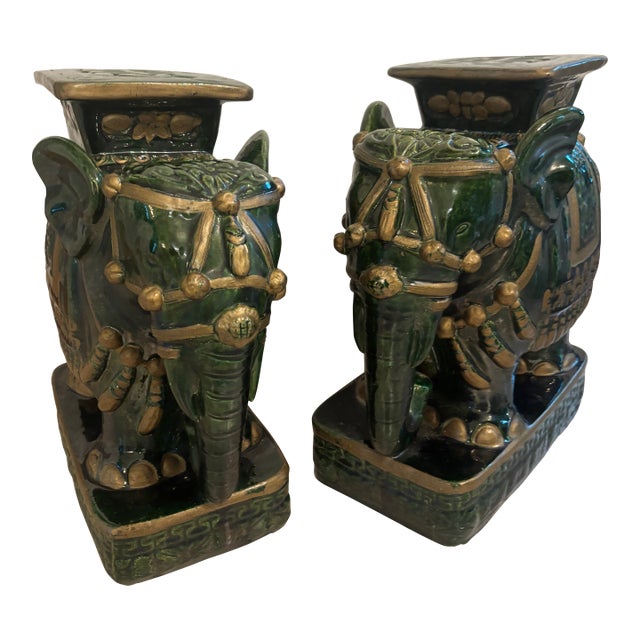 Glazed Terra Cotta Elephant Garden Seats--a Pair For Sale