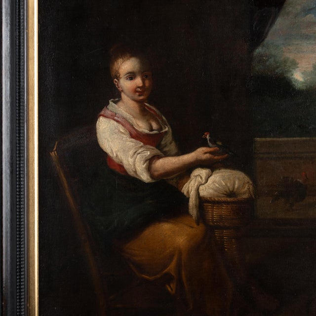 Traditional Early 19th Century Oil on Canvas Painting of Young Woman With Bird For Sale - Image 3 of 15
