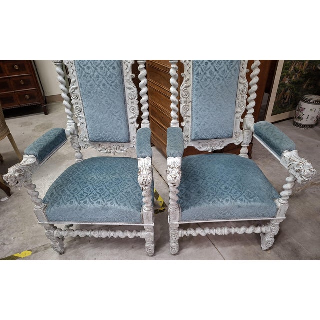 Renaissance Ceremonial Armchairs in Carved Wood Twisted Columns and Lion Heads, Set of 2 For Sale - Image 5 of 11