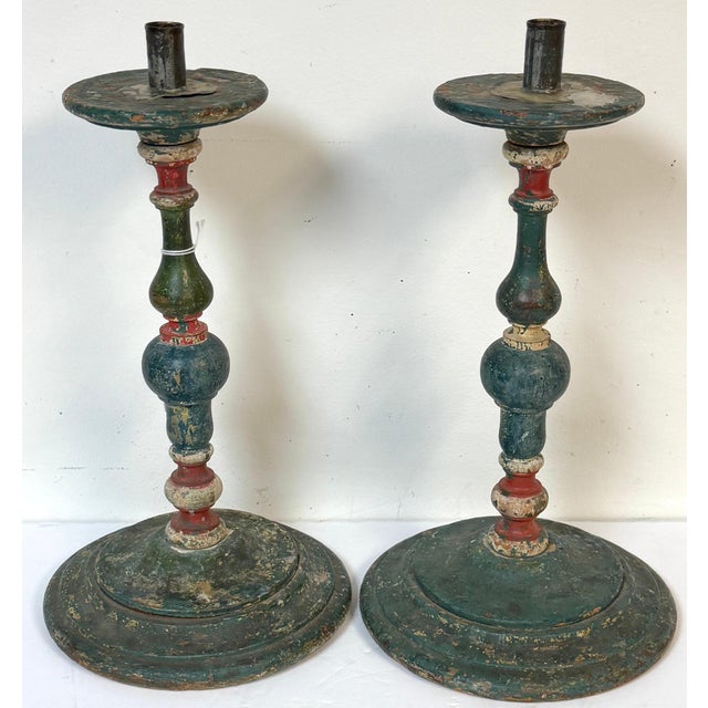 Pair Tuscan Polychrome Wooden Altar Candlesticks, Worn Patina, 18th / 19th C. For Sale - Image 15 of 17
