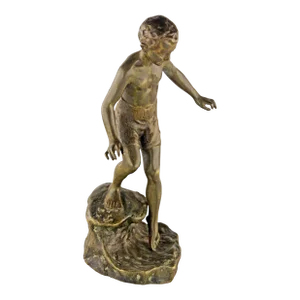 19th Century Belle Époque Bronze Sculpture With Greenish Patina of a Boy Walking Into Water by Sculptor Ruffino Besserdich