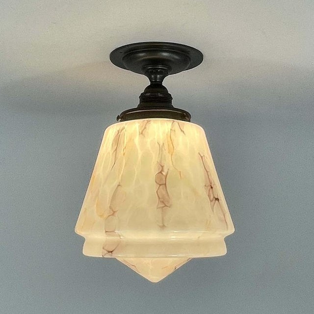 Art Deco Marbled Opaline and Brass Flush Mount, Germany, 1930s For Sale - Image 10 of 16