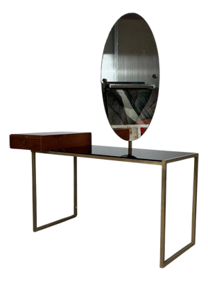 Mid-Century Modern Glass and Steel Dressing Table with Oval Mirror, 1960s
