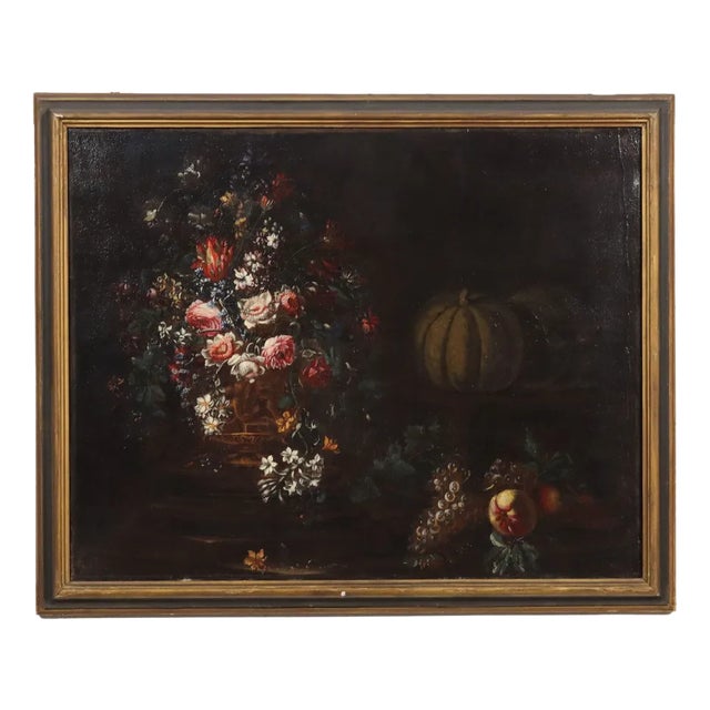 Lombard School Artist, Still Life with Flowers and Pumpkins, Late 1600s, Oil on Canvas, Framed For Sale