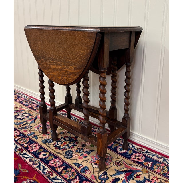 1920s Antique English Table Drop Leaf Gateleg Barley Twist Oak Oval C. 1920-30s For Sale - Image 5 of 18