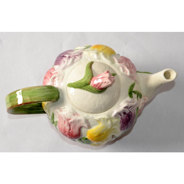 1993 Vintage Fitz & Floyd Majolica Ceramic Embossed Tulip Flowers Tea Coffee Pot For Sale - Image 17 of 18