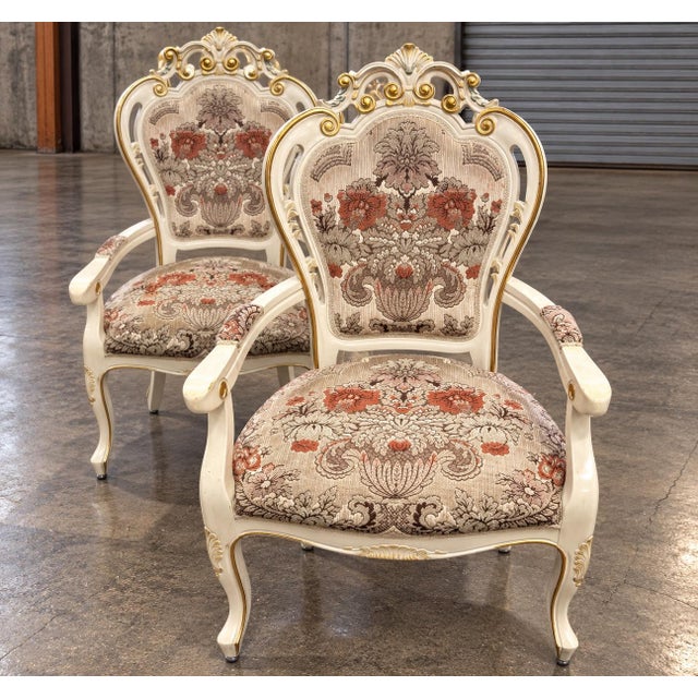 1980s Vintage French Style Floral Upholstered Wood & Chenille Dining Chairs - Set of 8 For Sale - Image 4 of 12