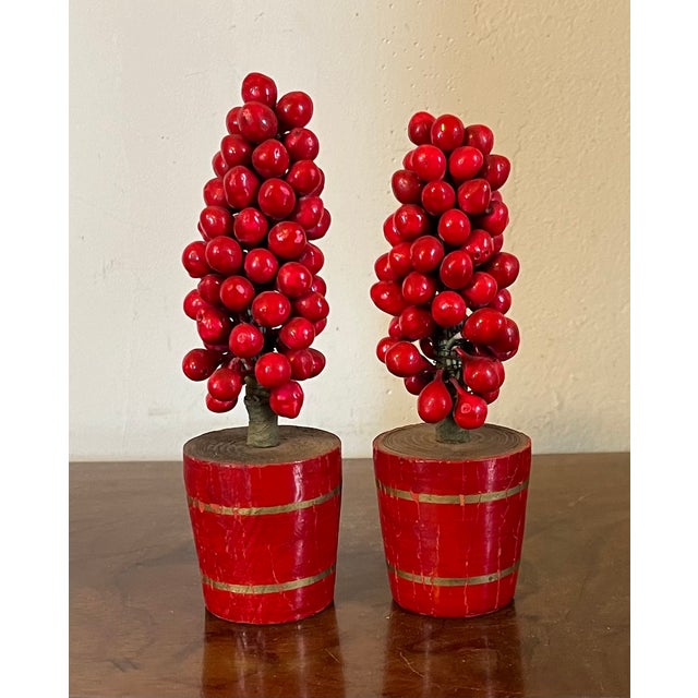 Red Antique Early 20th Century German Christmas Ornaments Paint Decorated and Carved Wood Red Berry Topiary Trees in Pots - a Pair For Sale - Image 8 of 8