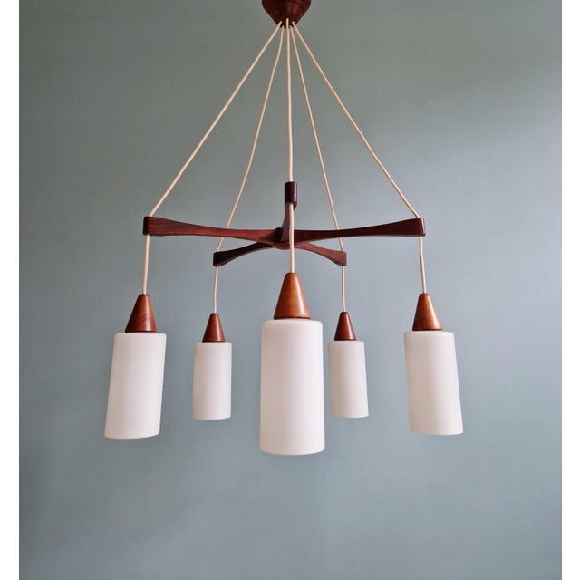 Large Scandinavian Chandelier in Teak and Satin White Opaline Glass, 1960s For Sale - Image 9 of 17
