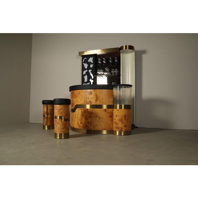 Italian Burl Wood Cocktail Bar with Illuminated Back and Stools, 1970s, Set of 3 For Sale - Image 12 of 18
