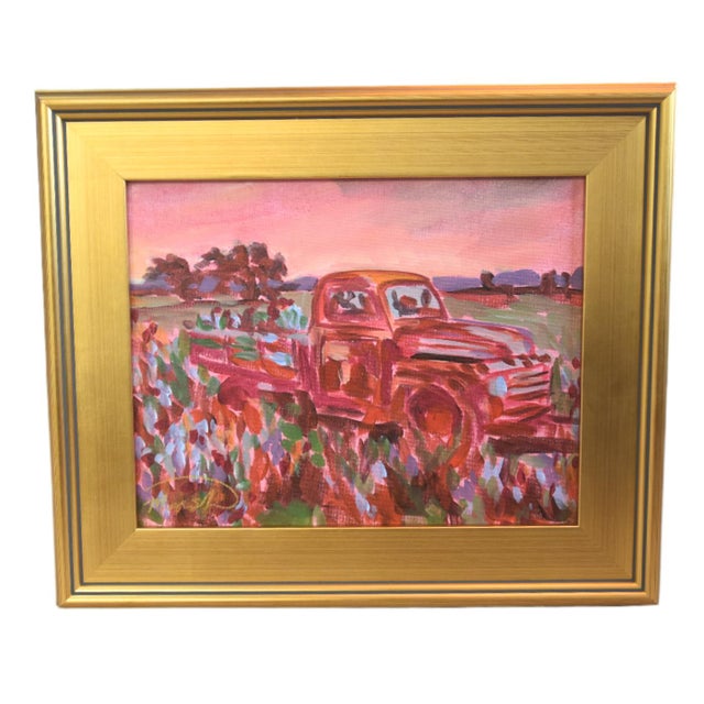 Vintage Red Truck in Field Painting Including the Antiqued Gold Wood Frame For Sale In Los Angeles - Image 6 of 6