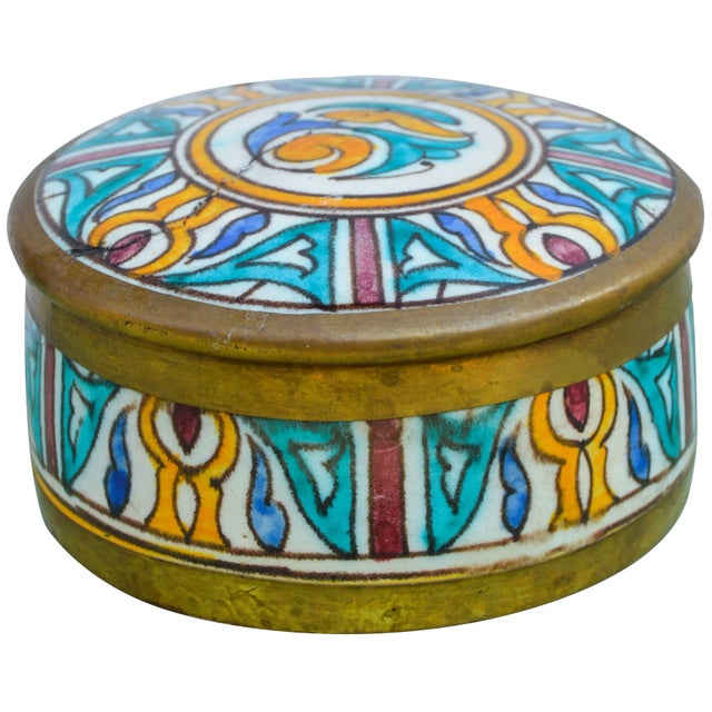 Antique handcrafted and glazed ceramic box. Features an intricately hand-painted Moorish pattern in a traditional...