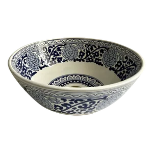 Blue Flower Sink Bowl with Soap Holder and Cup, Handcrafted Ceramic Modern Style, Brass Drain - 3 Piece Set