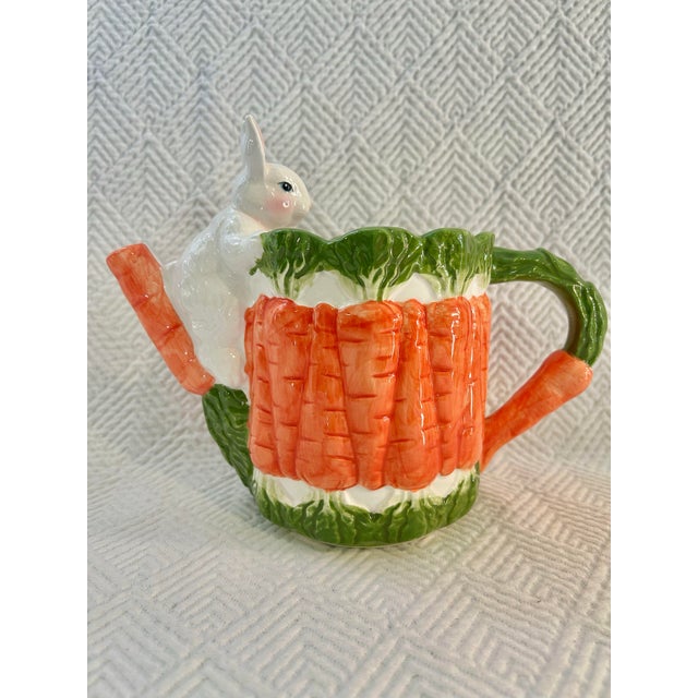 Shabby Chic Vintage Majolica Style Ceramic Bunny Rabbit and Carrots Pitcher For Sale - Image 3 of 12