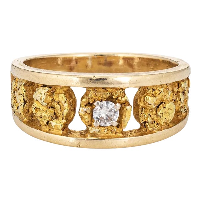 Vintage 70s Nugget Ring 24k Gold Diamond Sz 7 14k Stacking Band Fine Jewelry For Sale