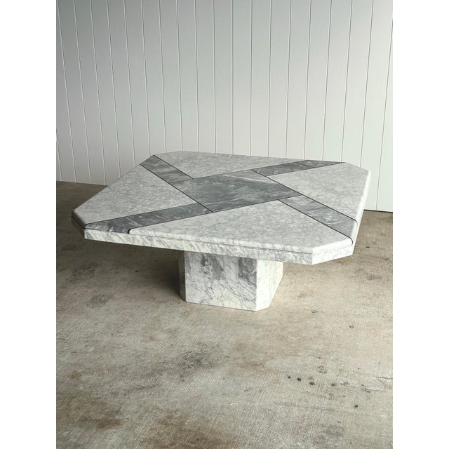 Stone 1970s Italian Carrara & Bardiglio Marble Inlaid Coffee Table For Sale - Image 7 of 14