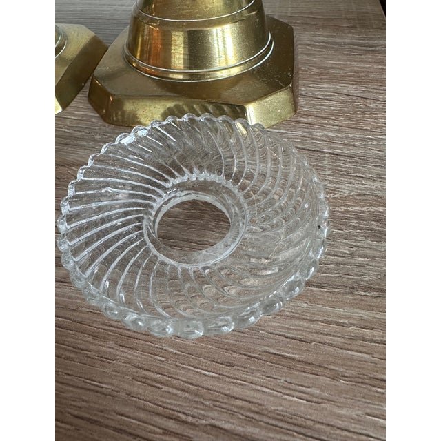 Hollywood Regency Vintage Solid Brass Octagonal Candlesticks With Swirl Glass Bobeches, Pair For Sale - Image 3 of 13