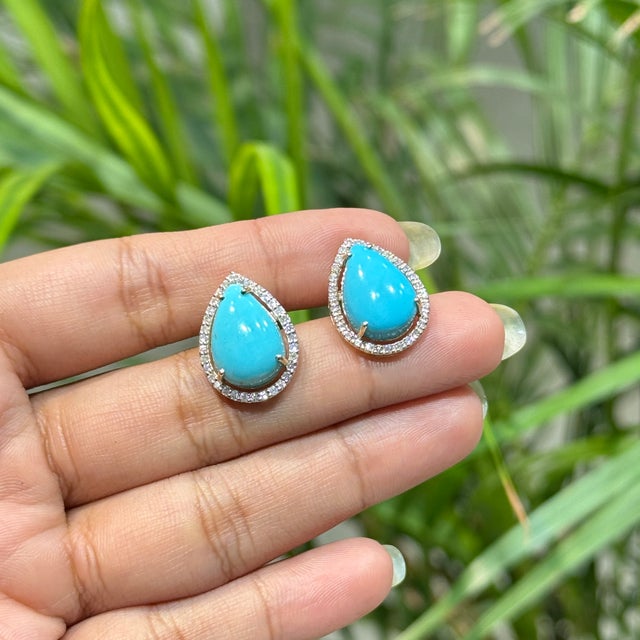 Art Deco 8.88ct Sleeping Beauty Turquoise Solitaire Halo Diamond 14k Gold Earrings- A Pair For Sale - Image 3 of 15