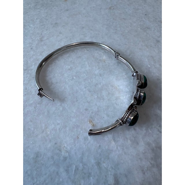 Sterling Silver and Malachite Handed Bangle Bracelet With Clasp For Sale - Image 4 of 5