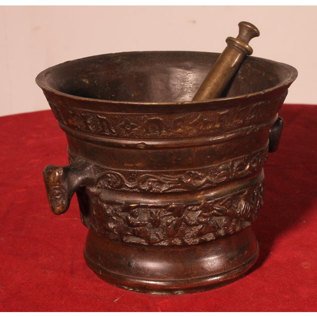 Superb Flemish Renaissance bronze mortar with pestle - 16th century, dated 1574 A very fine example with an inscription on...
