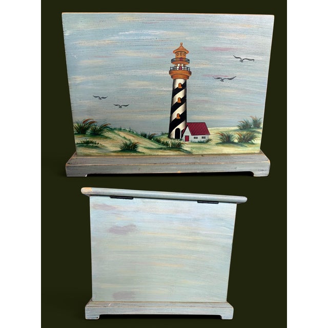 Blue Late 20th Century Hand Painted Lighthouse Wood Box-Coastal Nautical Storage-Cottage-Beach-Keepsake For Sale - Image 8 of 11