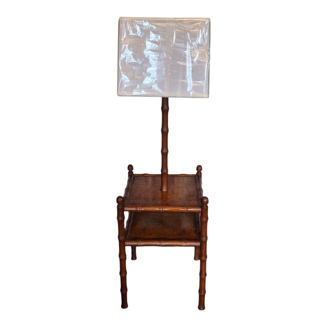 Late 20th Century Faux Bamboo Fruitwood Burlwood Canterbury Style End Table Floor Lamp W/Shade For Sale