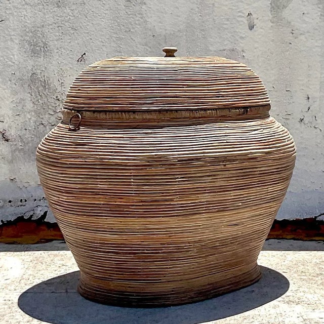 Coffee Vintage Coastal Pencil Reed Lidded Basket For Sale - Image 8 of 10