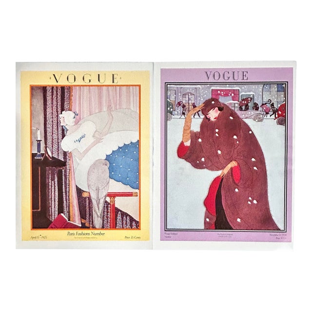 Vintage Vogue Paris Winter Cover Prints (1920 & 1925) - Art Deco Fashion Poster Pair For Sale