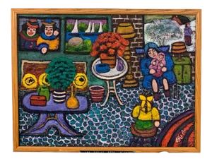 Mid 20th Century "In the Family Room" Folk Art Style Interior Scene Oil Painting by Bea Haverbusch, Framed