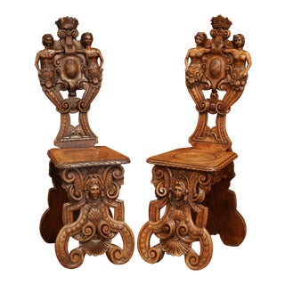 19th Century Italian Renaissance Carved Walnut Sgabello Hall Chairs - a Pair For Sale