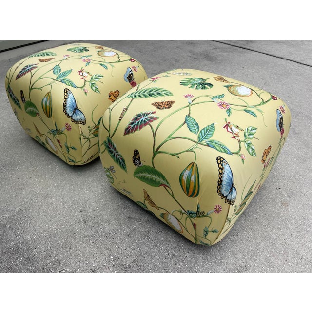 Vintage Newly Upholstered Ottomans in Thibaut “Lillian” Fabric – Coastal Palm Beach Style, Pair For Sale - Image 11 of 12
