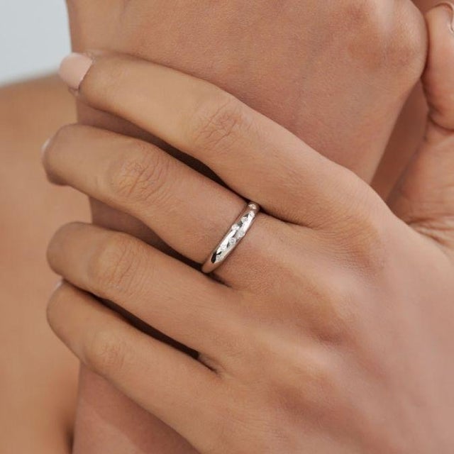 Contemporary 8 Flush Set Scattered Diamond Celestial Band Ring Size 5.5 in 14k White Gold For Sale - Image 3 of 17
