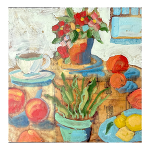 Sq. Encaustic & Antique Collage on Cradled Panel, Hartman