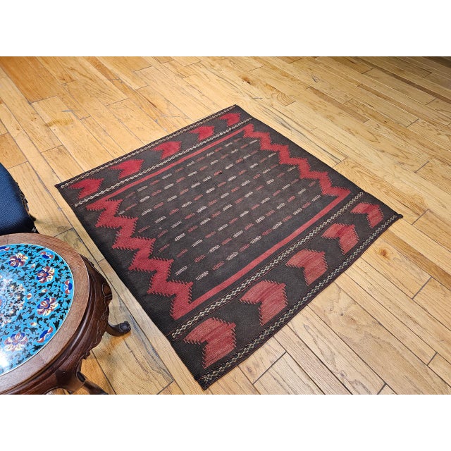 Vintage Baluch Sofreh Tribal Kilim, Handwoven Wool, Geometric Pattern, Brown & Red, 4x4 For Sale - Image 9 of 10
