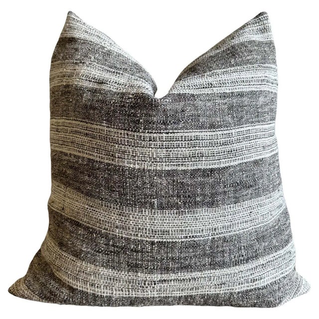 Metal Vintage Turkish Wool Accent Pillow in Brown and Off White Stripes With Insert For Sale - Image 7 of 7