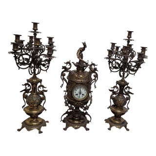 Antique Belgian Empire Gilt Metal Three-Piece Garniture Clock Candelabras Set For Sale