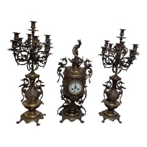 Antique Belgian Empire Gilt Metal Three-Piece Garniture Clock Candelabras Set