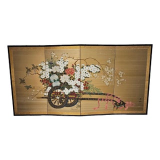 Japanese Showa Byobu Screen Divider "Flower Cart" Four Panel Japan 71"l For Sale