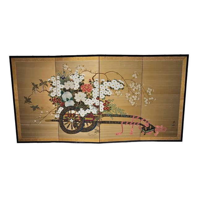 Japanese Showa Byobu Screen Divider "Flower Cart" Four Panel Japan 71"l For Sale