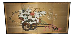 Japanese Showa Byobu Screen Divider "Flower Cart" Four Panel Japan 71"l