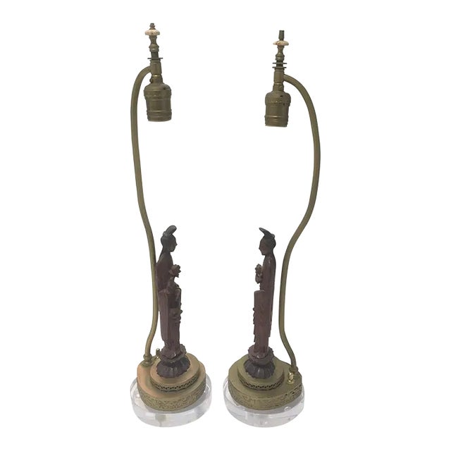 Art Deco Vanity Table Lamps With Quan Yin Figures - a Pair For Sale