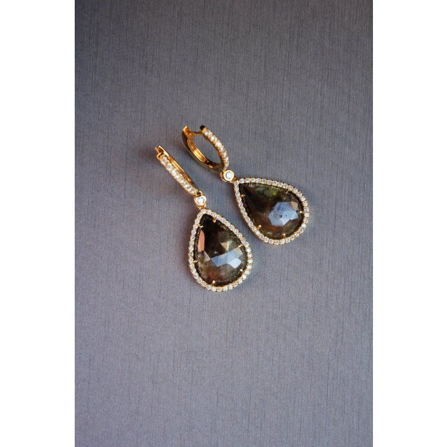 Early 21st Century Golden Brown Black Sapphire Pear Drop Shape Sapphire Diamond Halo Gold Earrings, A Pair For Sale - Image 5 of 11