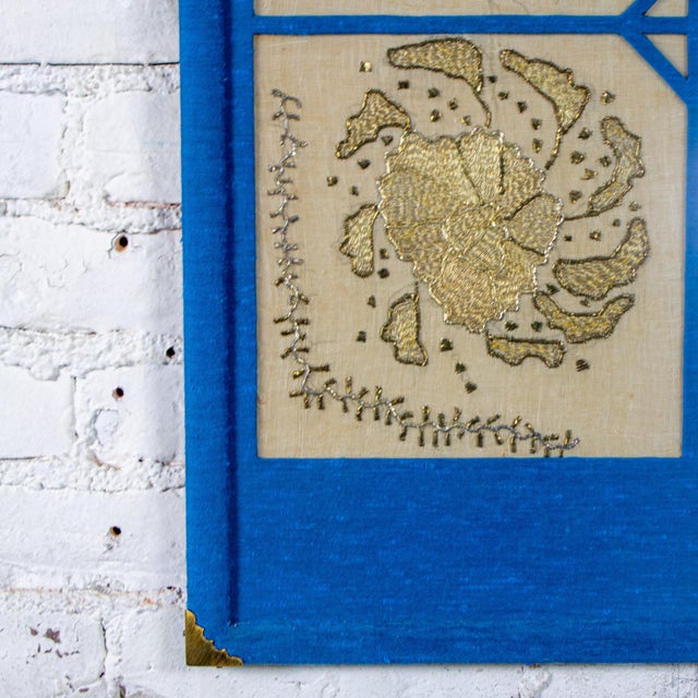 19th to 20th Century Textile Wall Art Metallic Gold Embroidered Panel on Linen Blue Silk Frame Manner of Turkish Ottoman For Sale - Image 13 of 18