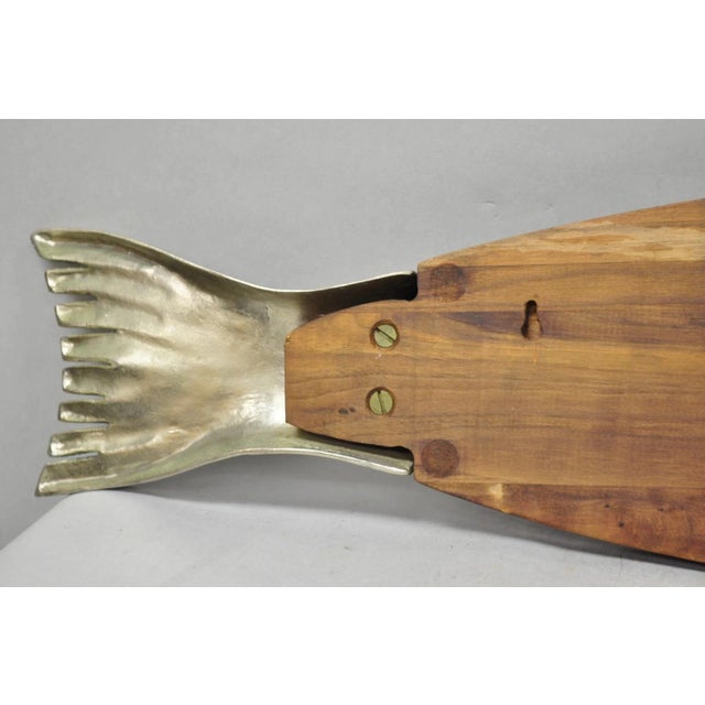 Vintage Mid Century Modern Teak Wood & Metal Fish Serving Platter Cutting Board For Sale - Image 10 of 13