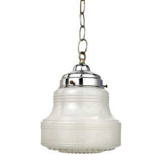 Small Mid -Century Modern White and Clear Glass Schoolhouse Style Pendant Light For Sale