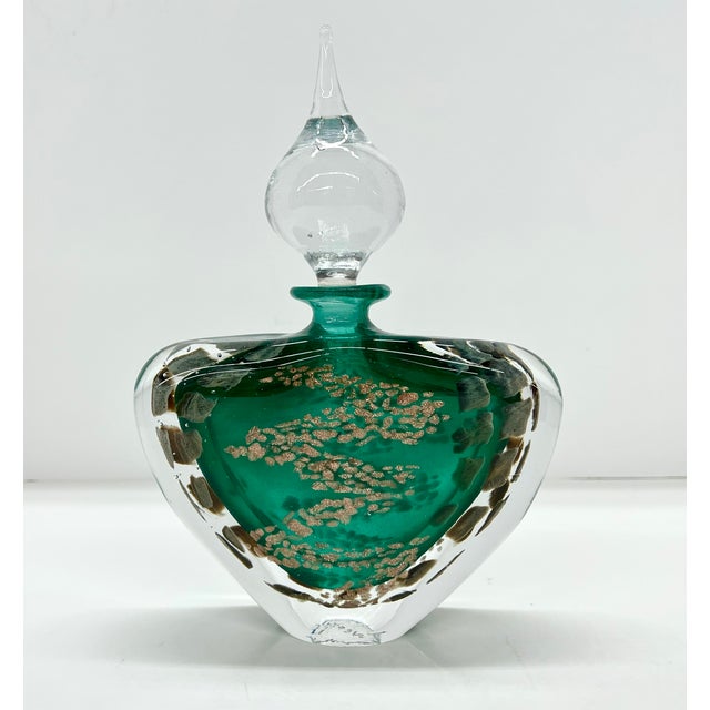 Vintage Mid Century Emerald And Gold Hand Blown Art Glass Perfume Bottle With Clear Glass Stopper Stunning hand-blown...