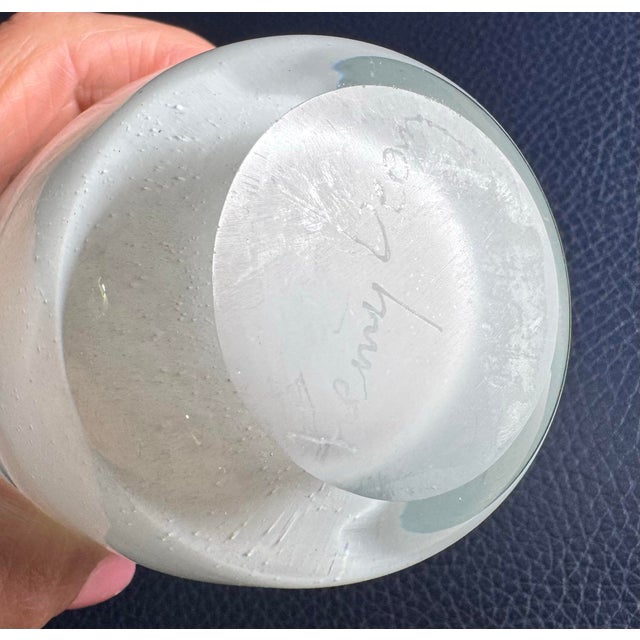 Henry Dean Belgium Signed Hand Blown Art Glass Vase Cream White 6” For Sale - Image 9 of 10
