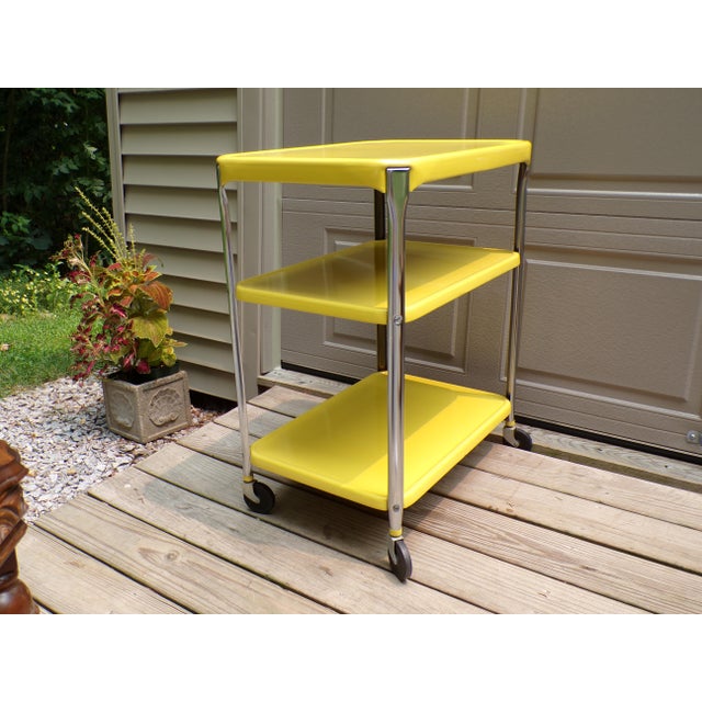 Vintage Industrial Yellow Cosco Chrome Kitchen 3 Shelf Utility Cart With Wheels For Sale - Image 10 of 18