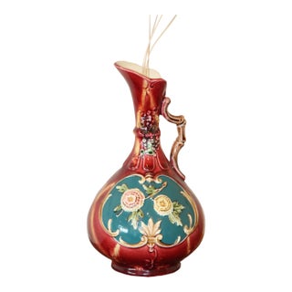 Pretty Antique English Art Nouveau 8" Porcelain Majolica Ewer Pitcher For Sale